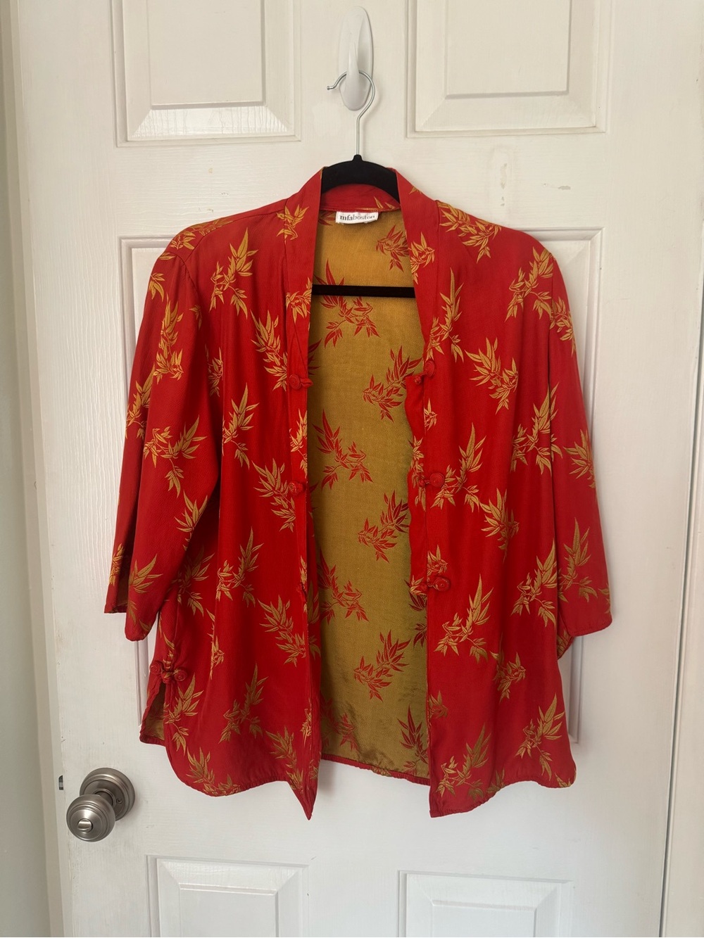 Vintage Red Floral Button-Front Kimono Jacket & Pants Set